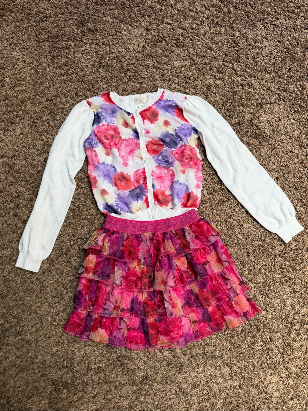 The Children's Place White Cardigan with Pink and Purple Floral Print